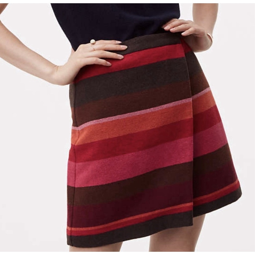LOFT Striped Wrap Mini Skirt Womens Sz 4 Red Multi Wool Blend NEW